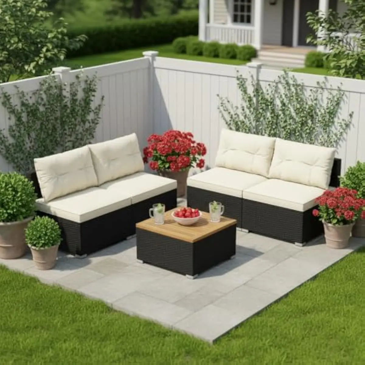 5-piece outdoor rattan lounge set featuring 4 armless sofas with removable off-white cushions and a square acacia wood coffee ta