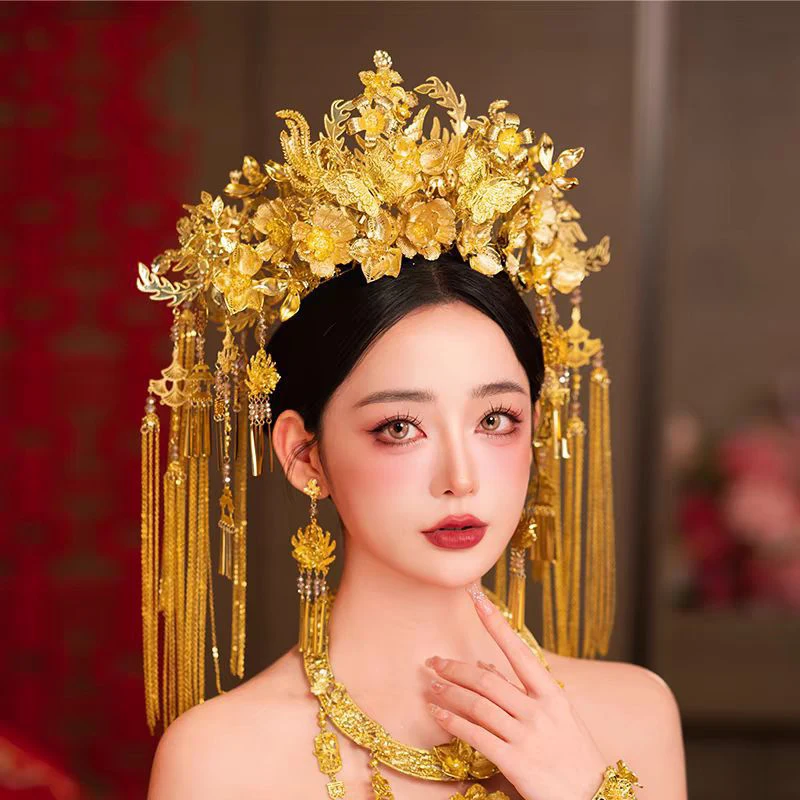 

HIMSTORY китайский головной убор Xiuhe, новый стиль, золотые 3D цветы, роскошные свадебные волосы Феникса, корона, аксессуары для головного убора