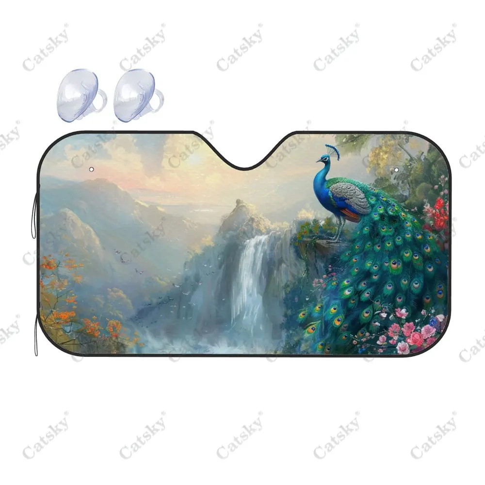 Peacock Landscape Painting Car Windshield Sunshade, Auto Accessories Front Windshield Sun Visor Blocks Uv Rays Protect Decor