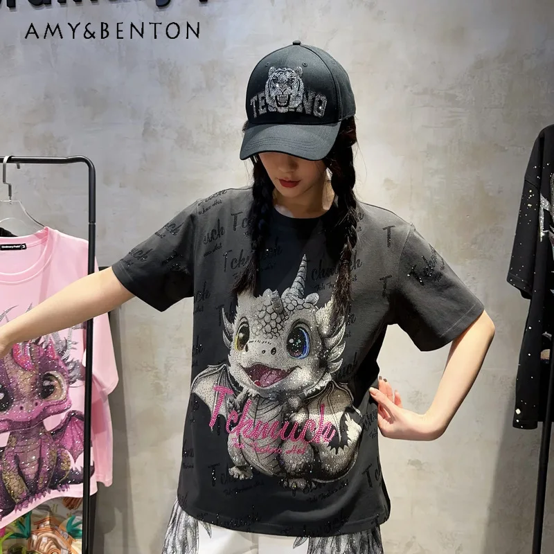 

Summer Luxury Rhinestone Gray Dragon Year Cartoon T-shirt Men's And Women's Full Diamond Letters Personality Short Sleeve Tshirt