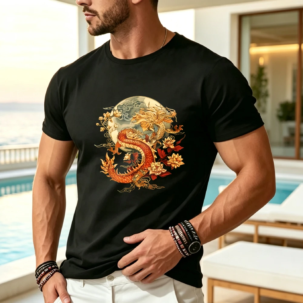 Men's Vintage Asian Style TShirtBlack with Red Dragons Flowers and Moon PhasesSoft Breathable Round Neck TShirtAll Season Casual Streetwear Suitable for Everyday and Formal EventsMeRetro Casual Short-sleeved T-shirt with a Round Neck and Printed