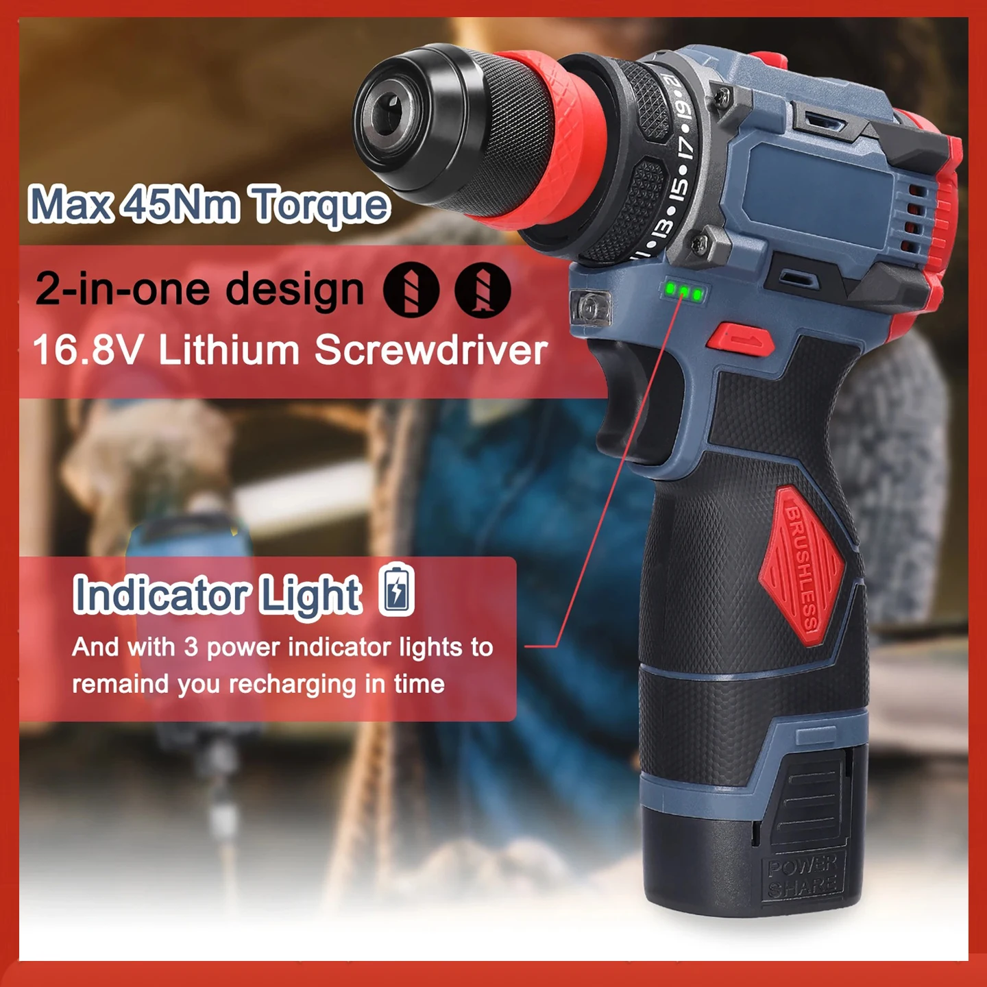 Perceuse au Lithium 16.8V 2 en 1, tournevis électrique, outil électrique multifonction, moteur sans balais 45Nm, tournevis pratique pour la maison