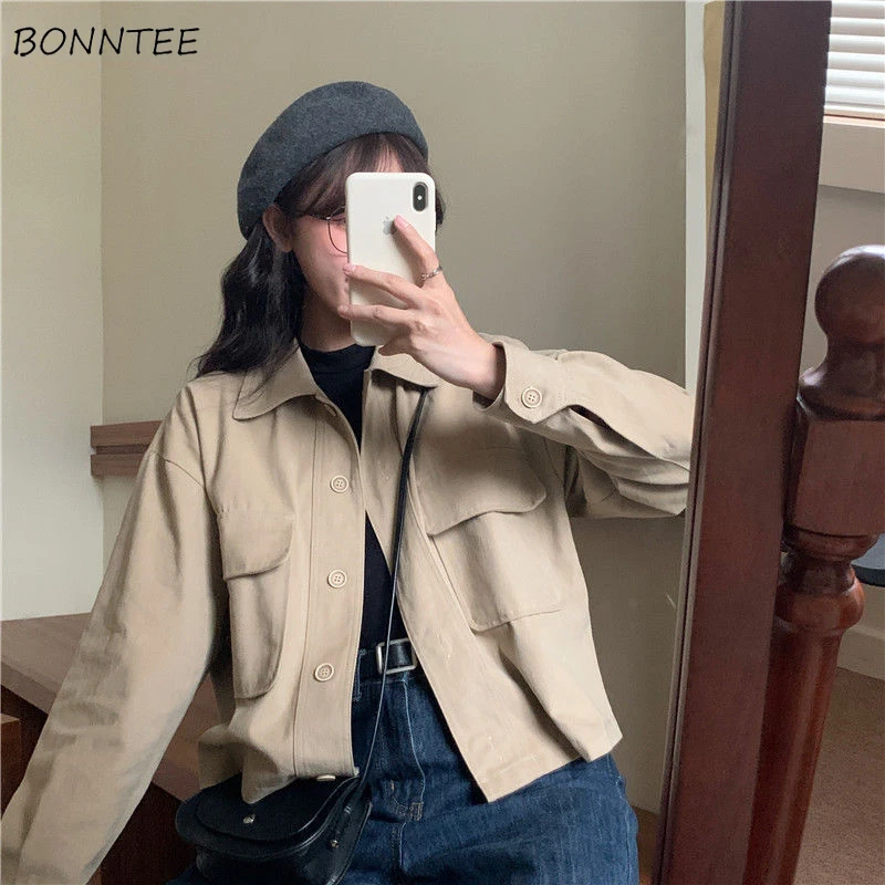 

Basic Jackets Women Autumn Cropped Safari Style All-match Ulzzang Chic Sweet Cool Preppy Fashion Casual Young Ladies Korean Ins