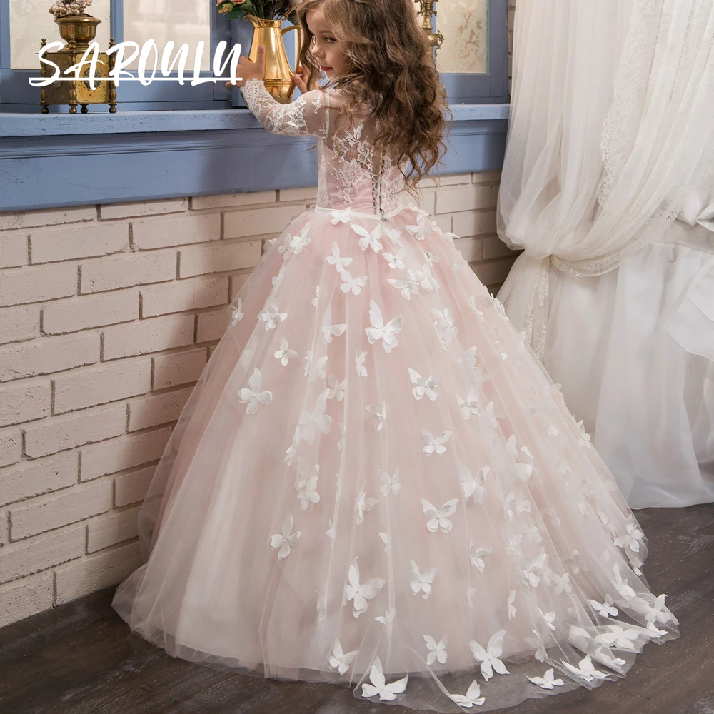 

Lovely Butter Fly Appliques Children's Formal Dresses For Birthday Wedding Party Long Sleeves Ballgown Pink Flower Girl Dresses