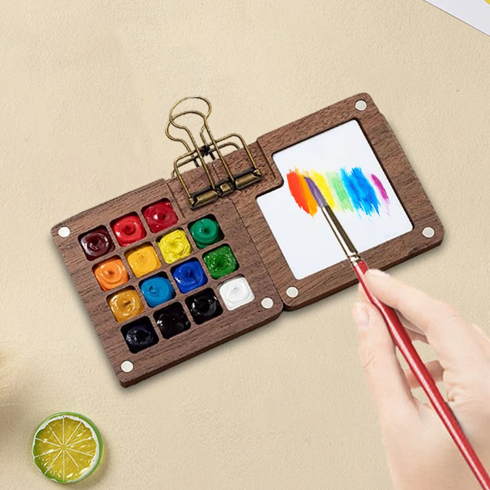 Multi Colors Wooden Grid Paint Box Pocket Artist Travel Paint Palette Mini Watercolor Paint Set for Painters Artists Students