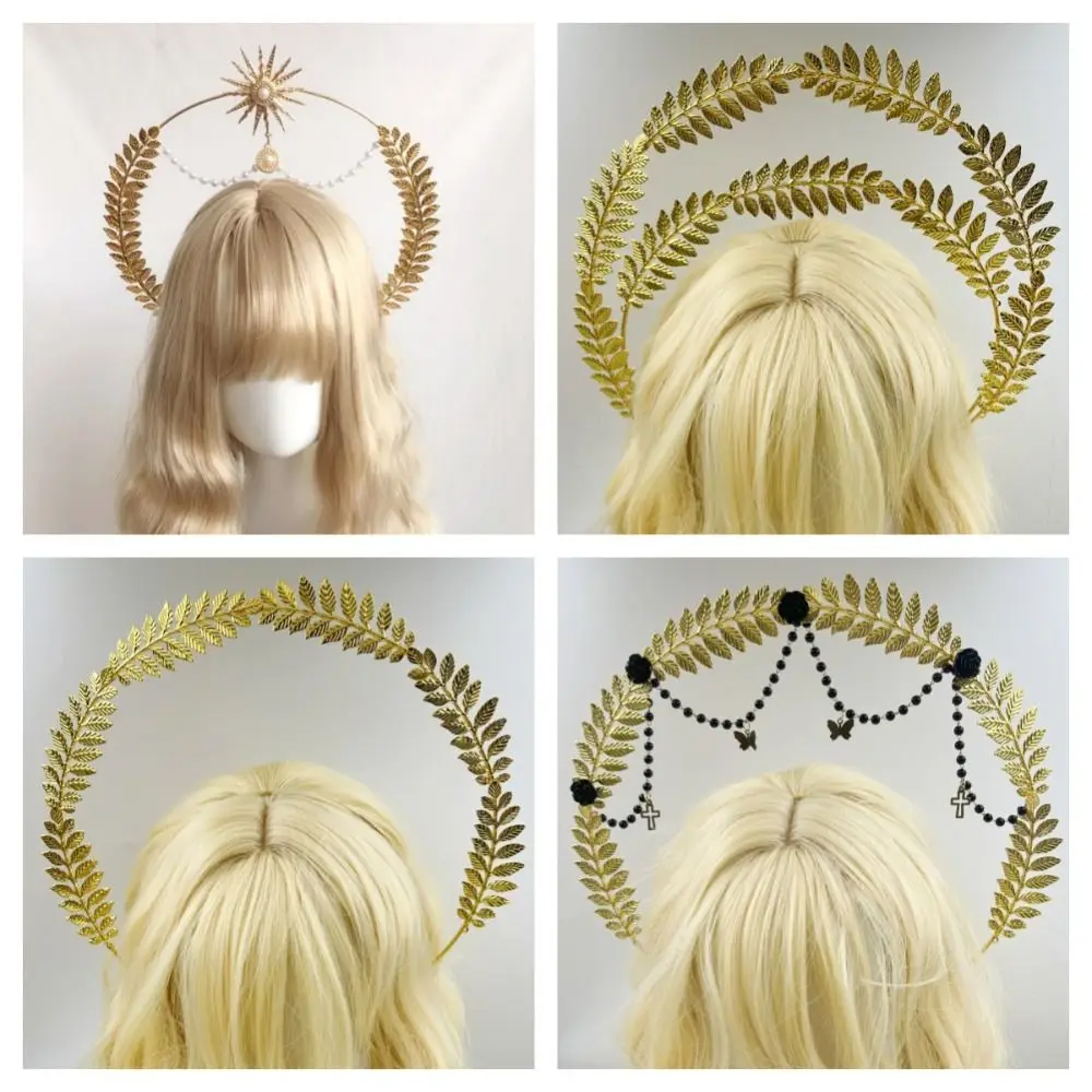 Gothic Gold Plated Halo Crown Wheat Ear Leaf Baroque Sun Goddess Crown Vintage Exquisite Tiara Headpiece Theme Party
