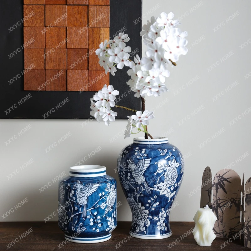 AA Blue and white porcelain ceramic vase high sense new Chinese retro decoration aesthetic flower arrangement