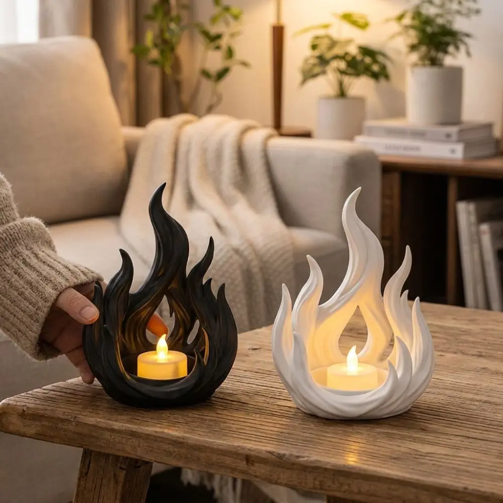 3D Printed Flame Shaped Candle Holder Gothic Dark Style Artificial Flame LED Tealight Tray Retro Plastic