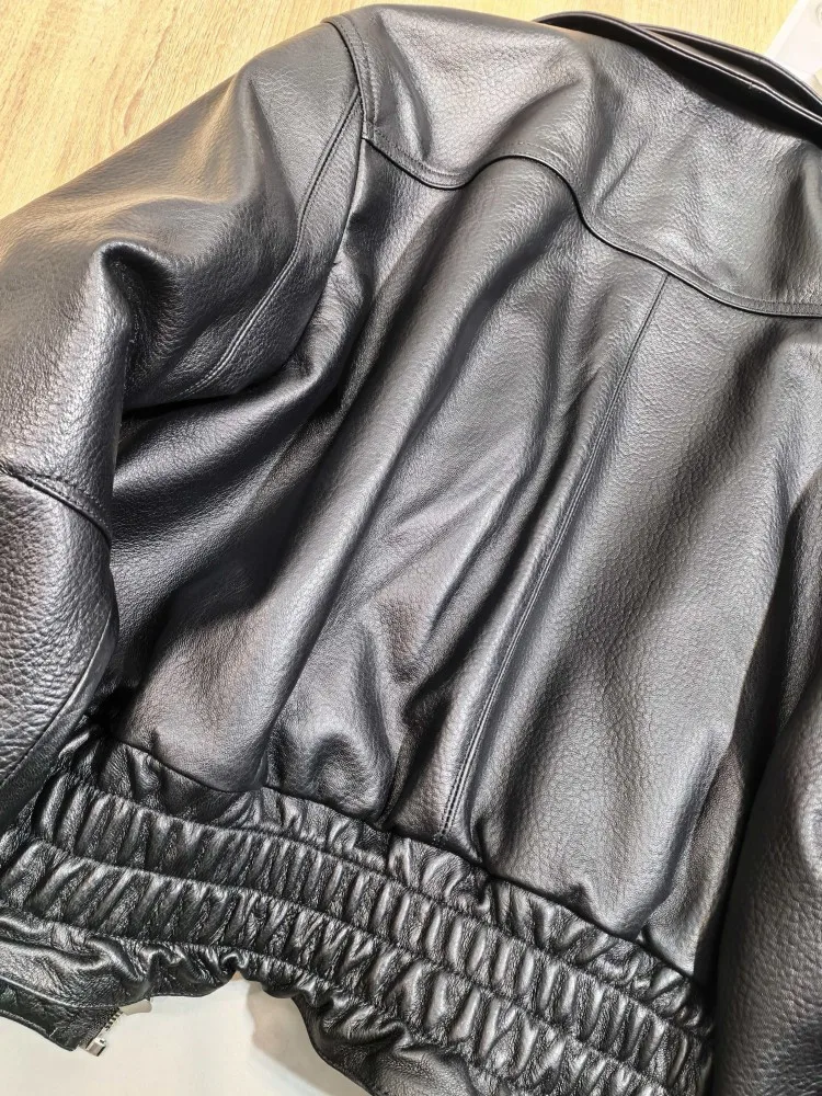 خريف شتاء جديد إمرأة موضة جلد طبيعي جاكيت زيبرا كم طويل Sheespkin ترتيب الأسرة طوق سيدة دراجة نارية معطف قصير