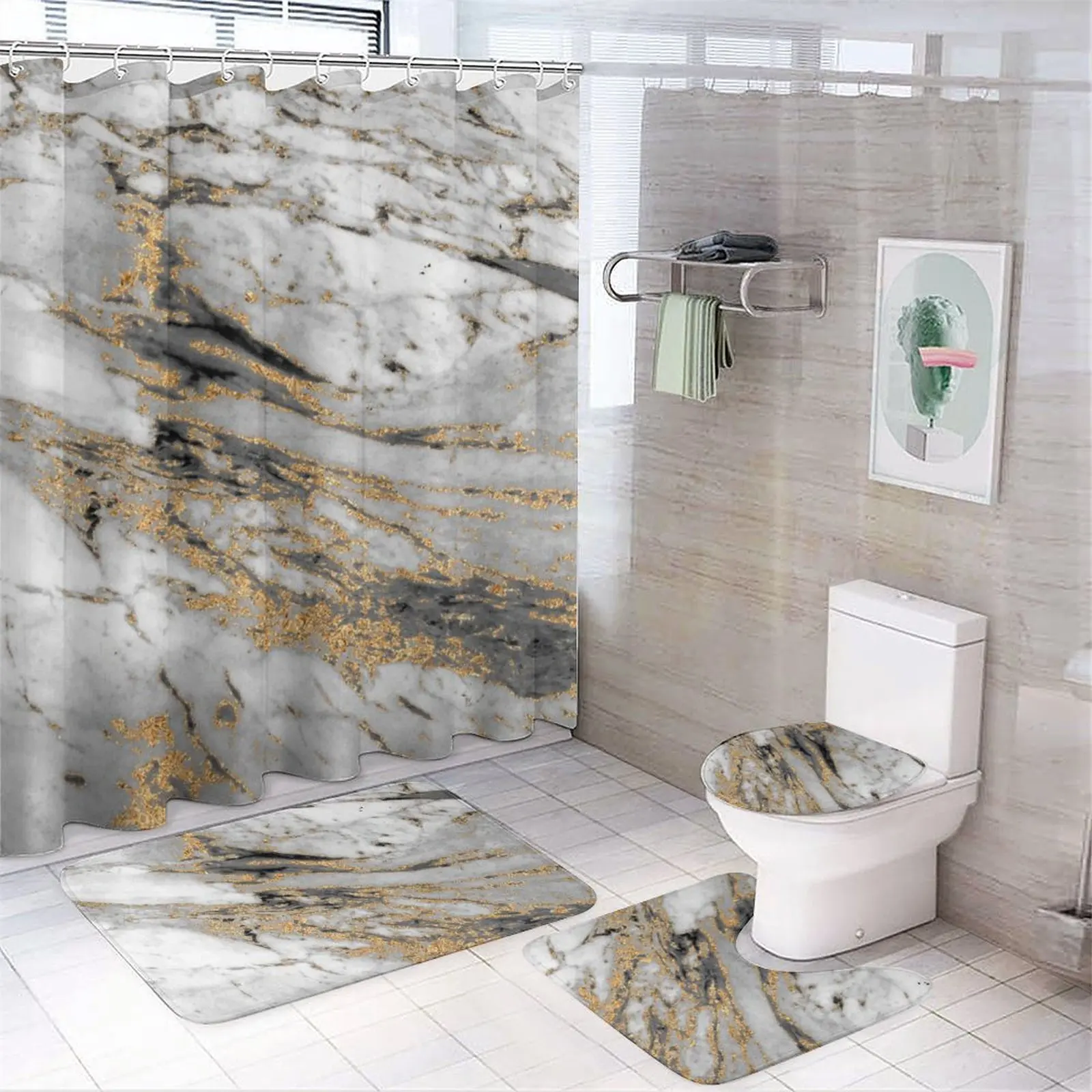 Yellow marble print shower curtain Modern non-slip carpet shower curtain Waterproof polyester home decor 180x180