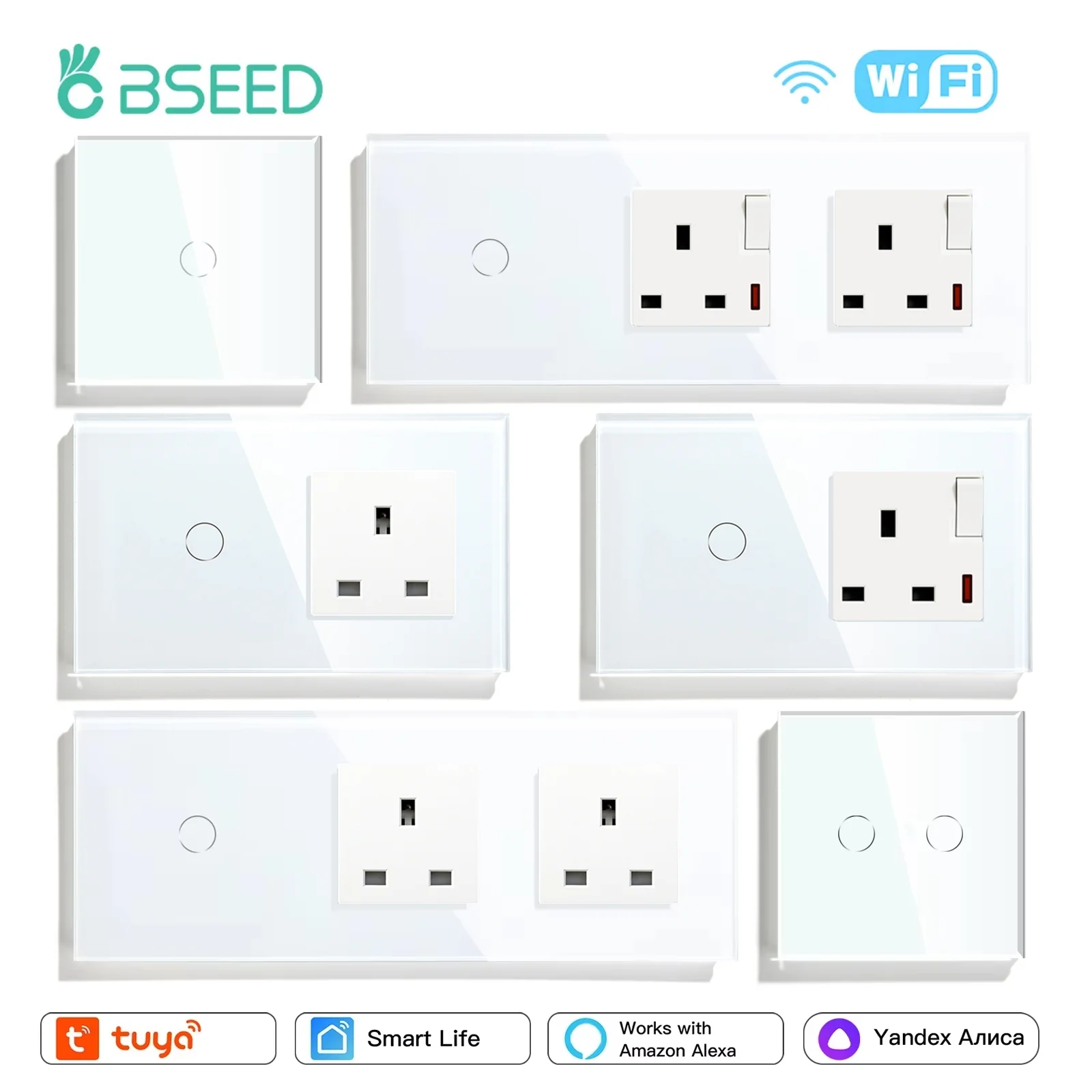 

BSEED Сенсорный переключатель Wi-Fi Умные выключатели света Tuya Smart Life с обычными розетками Великобритании плюс светодиодные кнопки переключателя Стеклянные панели
