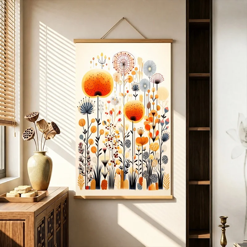 Room Decorations Colorful Folk Flowers and Garden Patterns, Bohemian Floral Pearlescent Canvas Hanging Scroll for Craft Workshop