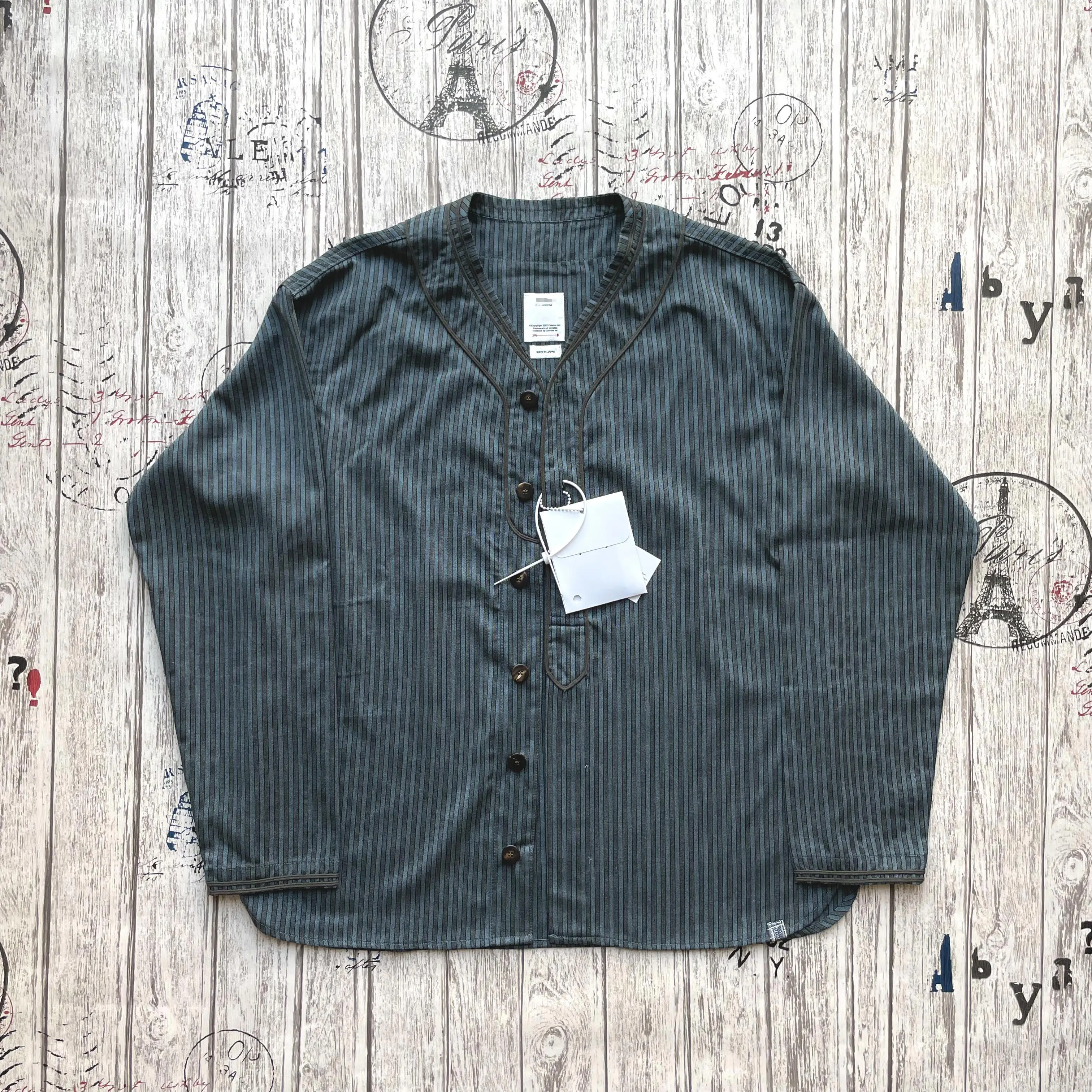 

2026 VISVIM DUGOUT SHIRT S/S SANTOME мужская полосатая бейсбольная рубашка из смесовой шерсти