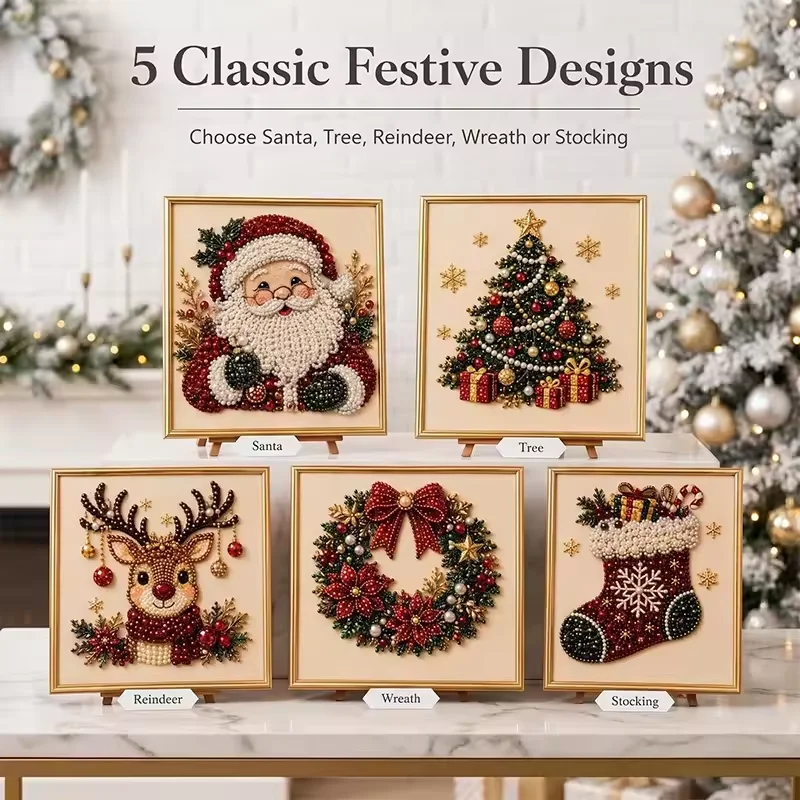 Resin Craft For Beginners - ﻿ ชุดภาพวาดเพชรไข่มุกคริสต์มาส 5D พร้อมกรอบสำหรับผู้ใหญ่และผู้เริ่มต้น งานฝีมือประดับตกแต่งผนังบ้านด้วยลูกปัดไข่มุกคริสต์มาส DIY