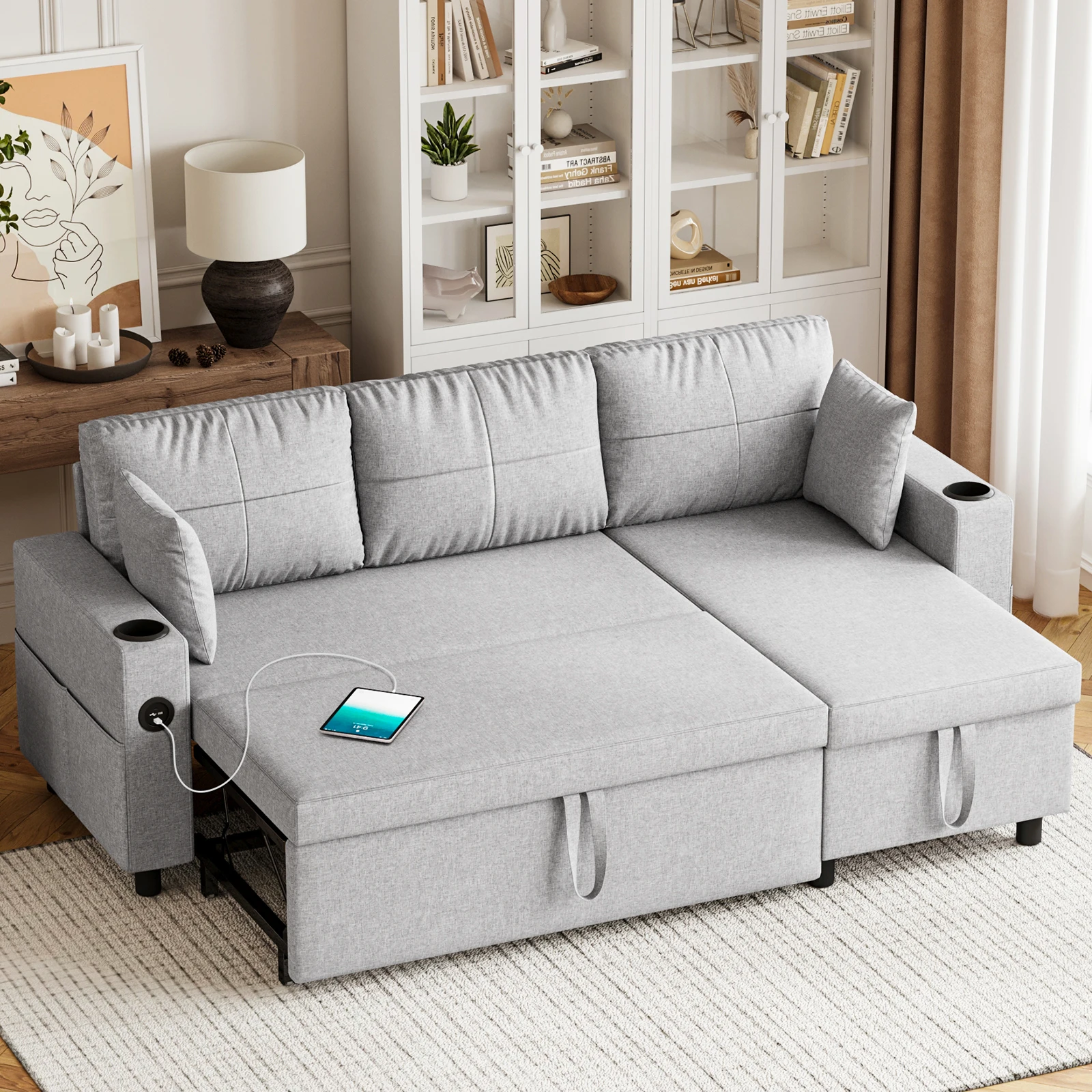 أريكة سرير، سرير أريكة على شكل حرف L، 3 في 1 أريكة مقطعية مع منافذ USB ونوع C وحاملين أكواب، أريكة زاوية قابلة للتحويل #1