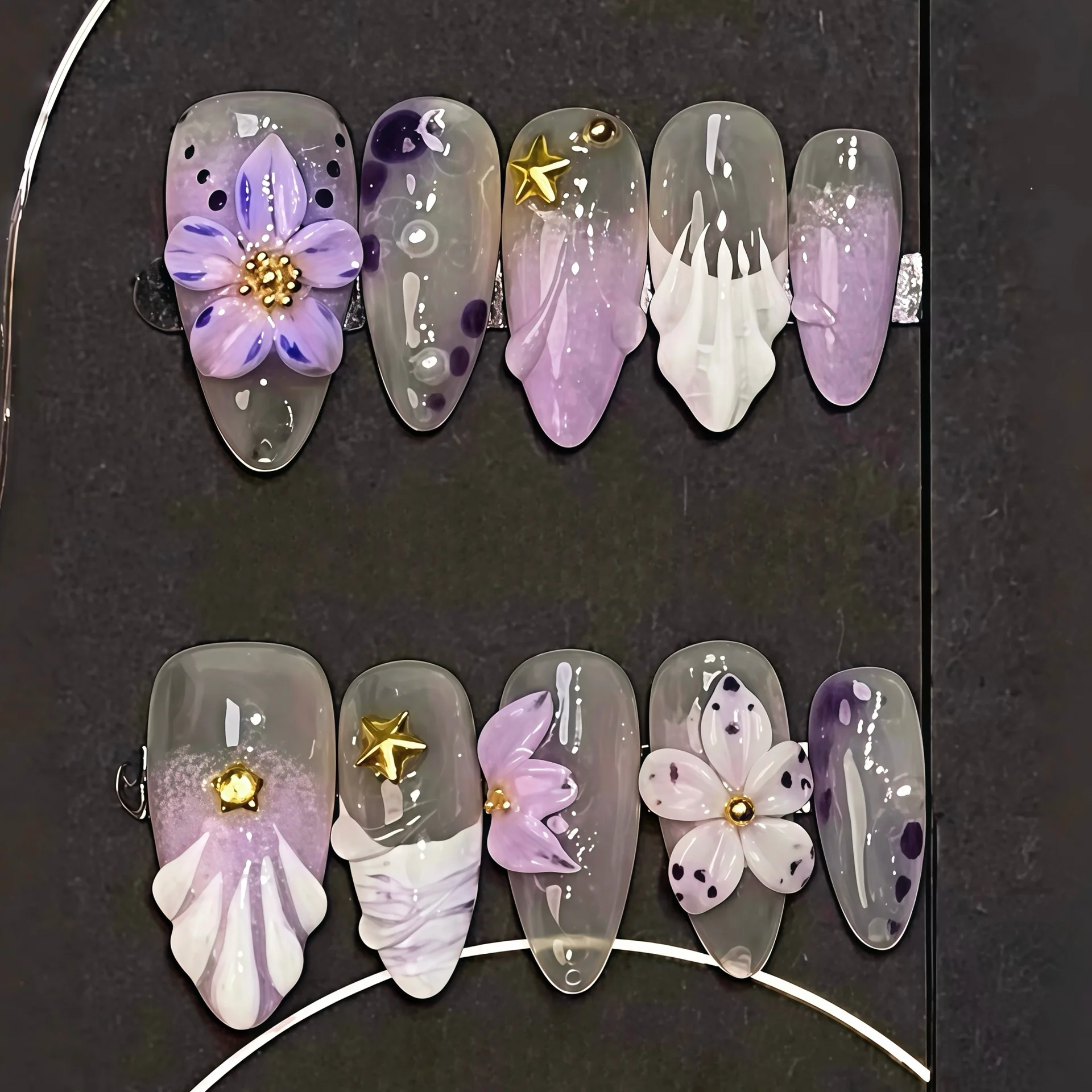 

24PCS Lavender Purple Gradient Press on Nails 3D Flower with Gold Star Stud Dot Decor Almond Transparent Acrylic False Nails 네일