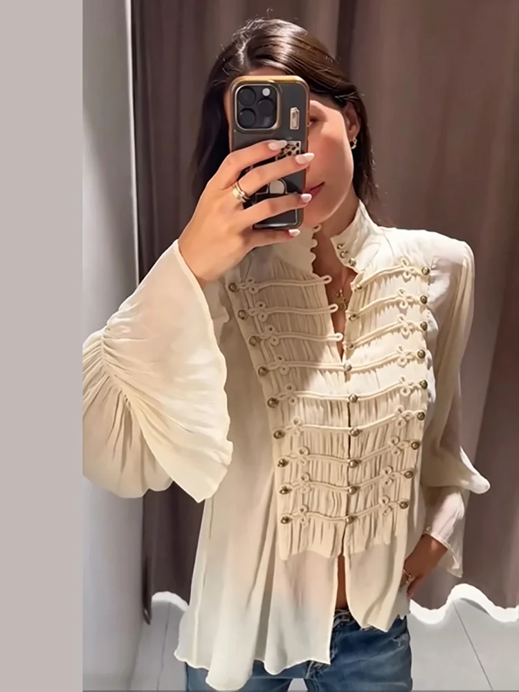 Retro Chic Beige Ruffle Flare Sleeve Blouse Elegant High Collar Button Chiffon Shirt Lady Autumn Daily Casual Trendy Streetwear