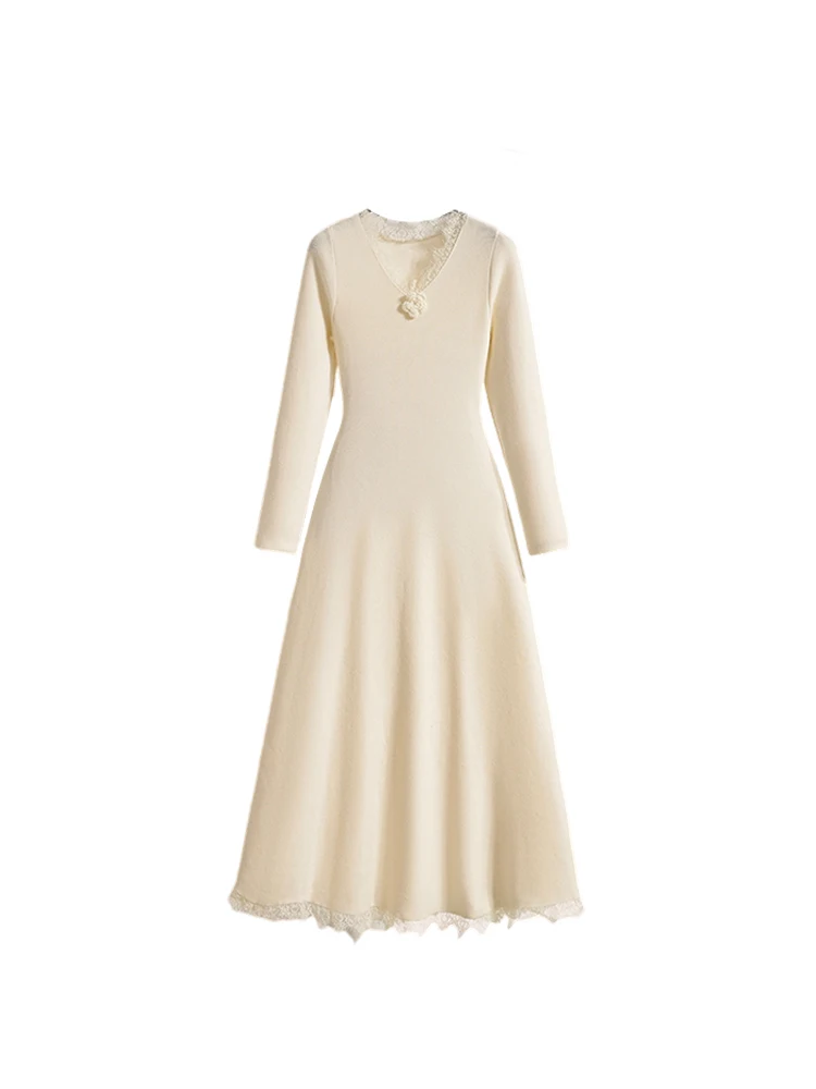 Abito Midi da Donna a Vita Alta, Taglie Forti, a Maniche Lunghe, Stile A-Line, Elegante per l'Autunno Inverno, Ideale per il Lavoro e il Tempo Libero