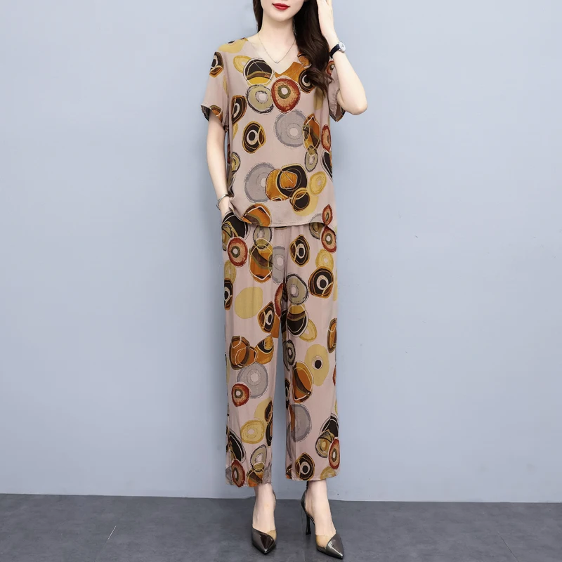 Summer Wide Leg Pant Sets Korean Style Elegant Two Piece Set Women Outfit 2023 New Casual Vintage Print Summer Woman Clothing