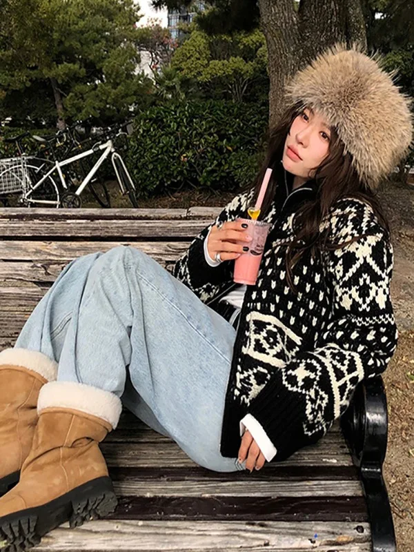 Korean Retro Pattern Thi Knit Sweater Jaet Women Winter New High Collar Double Zipper Knitted Open Cardigan Top