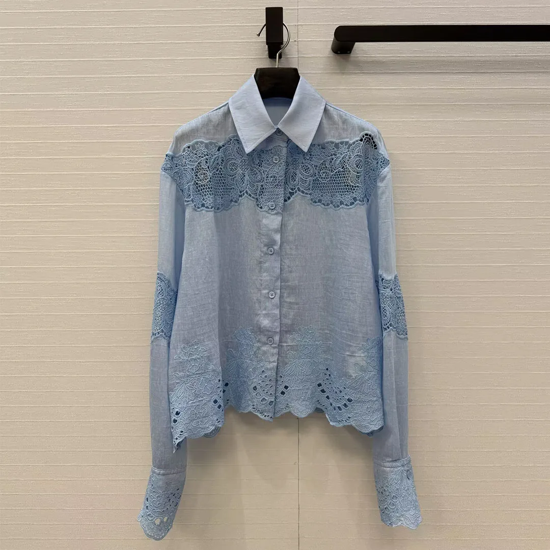 

Elegant Fashion Lace Embroidery Floral Linen Shirt Women Turn-down Collar Long Sleeve Sweet Casual Loose Blouse