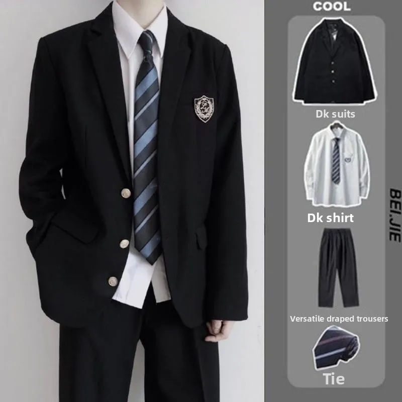

Loose DK Uniform Suit Jacket And Pants Set Spring Autumn Season Student Class Badge Westeran Style Three Button Stand Collar