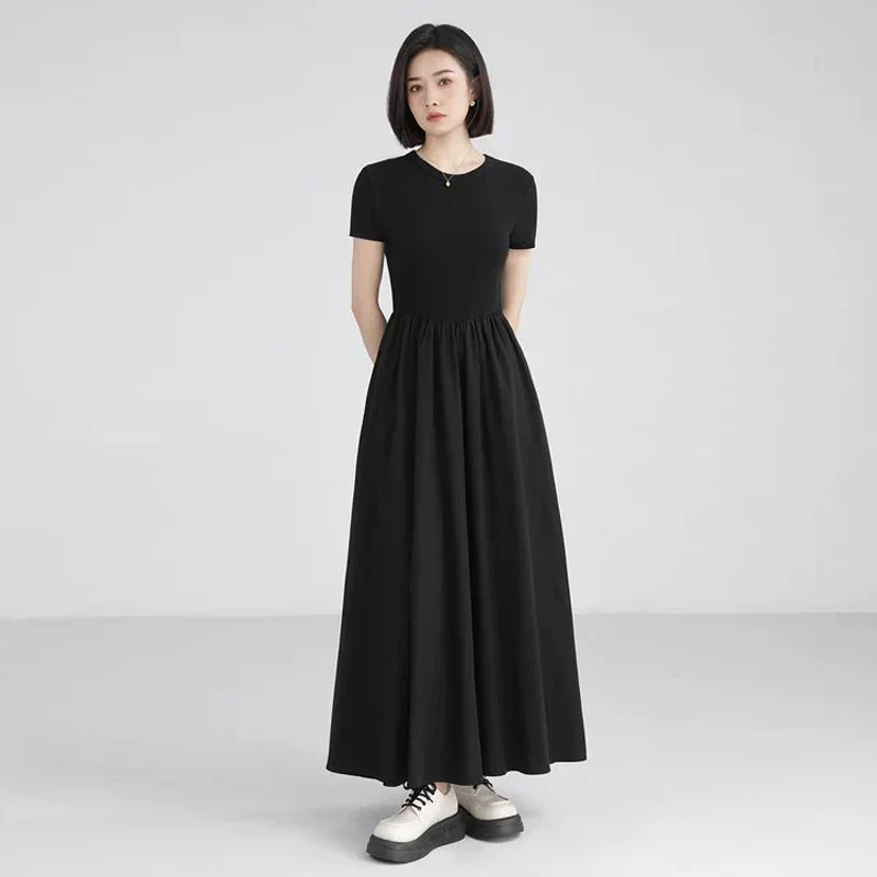 TFETTERS Brand Summer Dress for Women 2024 Fashion French Black Dresses Female Solid Color Short Sleeve Casual Slim Long Dress