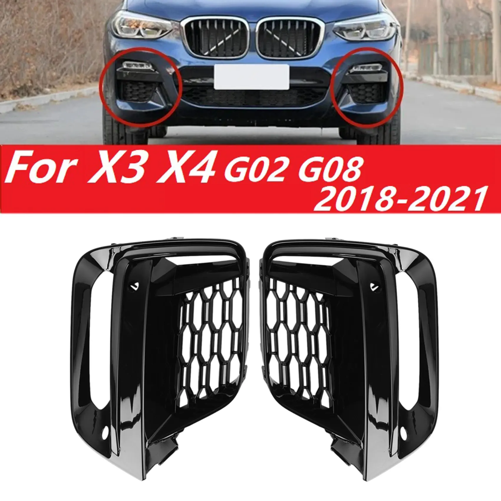 1Pair Front Fog Light Cover Grille Frame Trim Car Accessories for BMW-X3 X4 G08 G02 G01 2018-2020 (with Fog Lamp Hole)