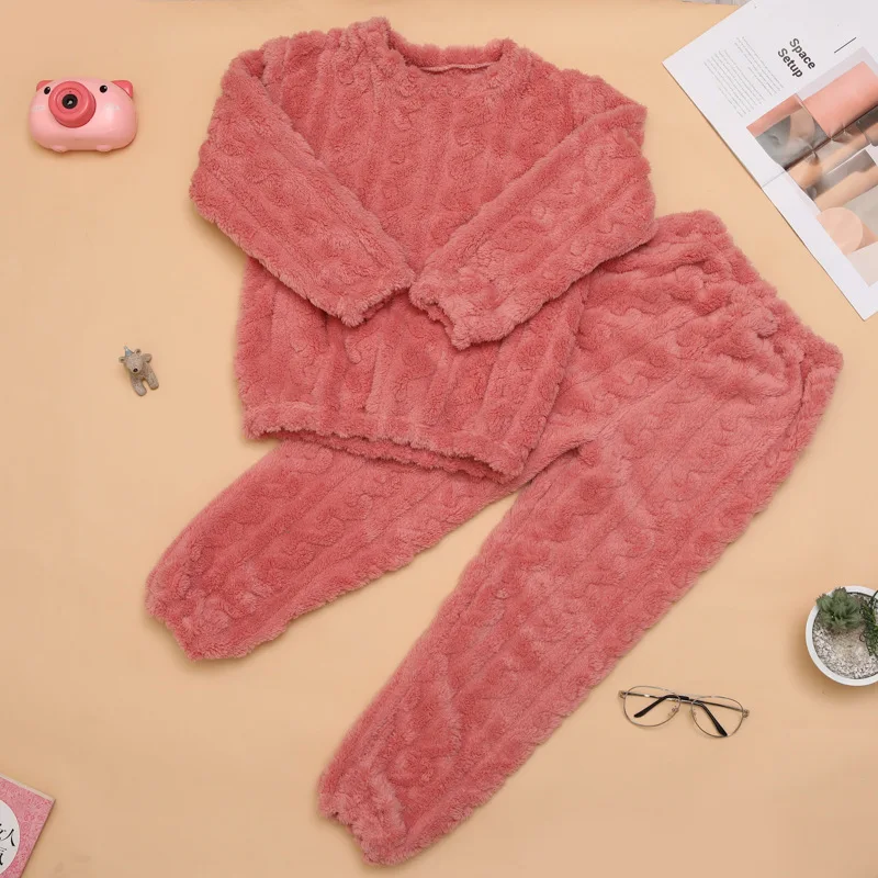 2Pcs/set children\'s coral velvet homewear thickened padded warm pajamas men and women multicolor long-sleeved long pants pajamas
