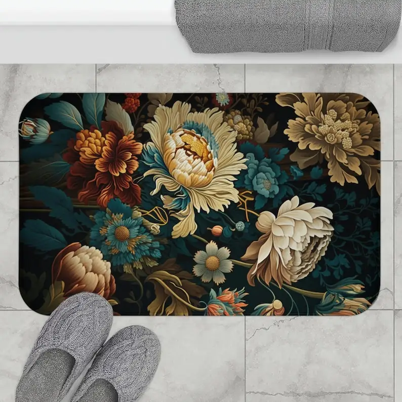 

Vintage Millefleur Jacquard Bath Mat – Belgian Tapestry Floral Print, Non-Slip Black Bathroom Rug with Multicolor Flowers​
