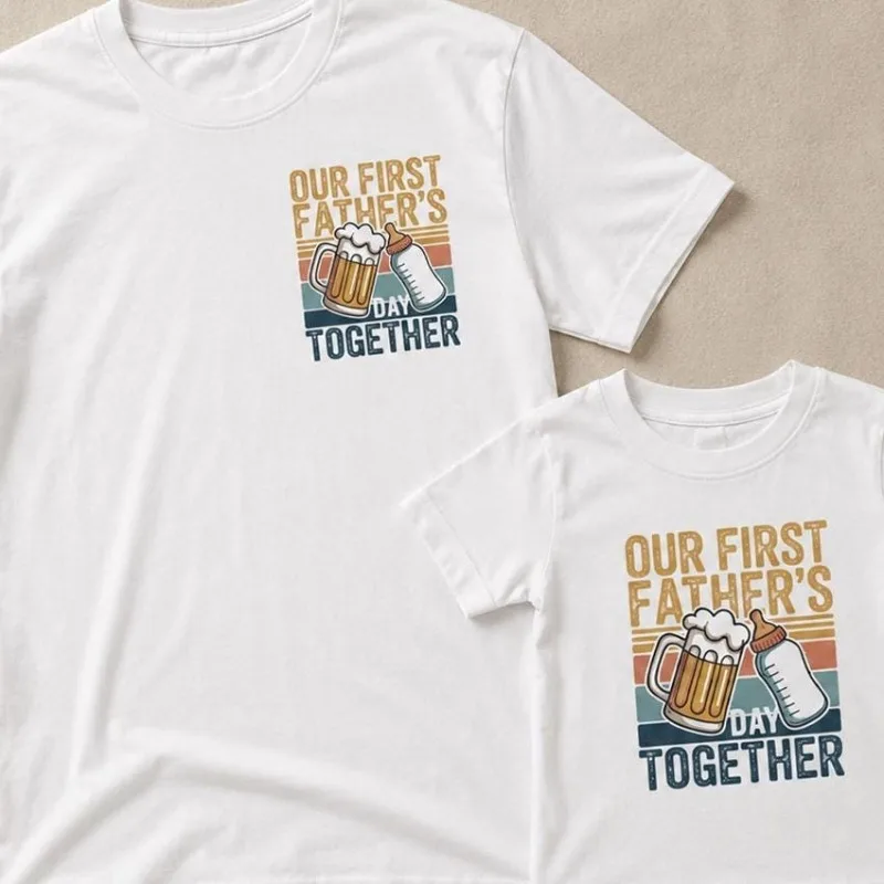 Father's Day Outfits Dad T-shirt Baby Romper Retro Sunset Beer Milk Bottle Print Family Clothes New Daddy Father Day Gift