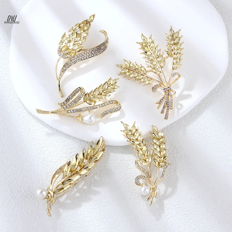 Gold Color Crystal Wheat Ear Brooch Collar Pins Silk Scarf Buckle For Suit Shining Women Men\'s Party Brooches Jewelry