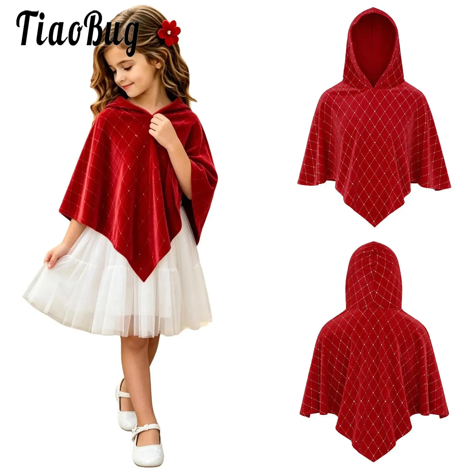 Kids Girls Metallic Rhombus Velvet Hooded Cloak Pullover Cape Top for Birthday Party Christmas Family Gathering New Year Wedding