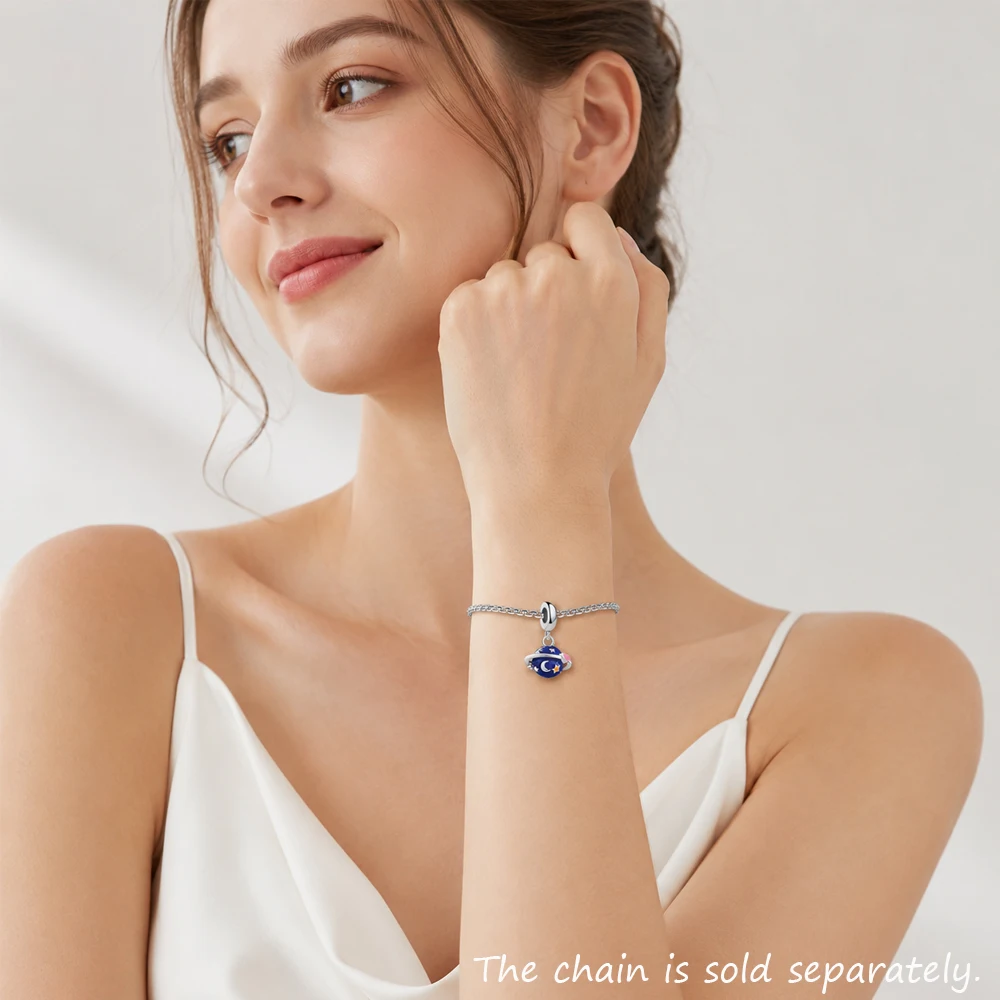 Hot Fashion Jewelry Dark Blue Saturn Planet Pendant Dangle Charm Real 925 Sterling Silver Gift For Women Men