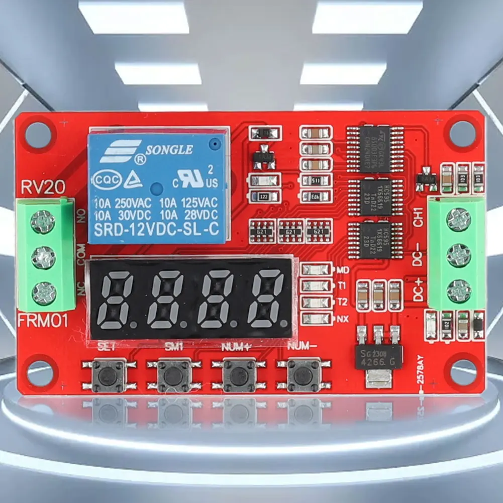 FRM01 Relaisplatine, Multifunktions-LED-Digitalzeitverzögerungsrelaismodul, DC 5 V, 12 V, 24 V, 1 Kanal, Schleifenverzögerung, selbstsichernde Timing-Platine