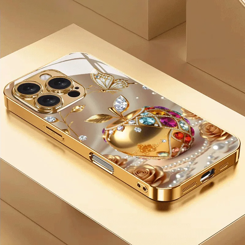 Luxury Golden For Apple Pattern Metallic Paint Glass Phone C
