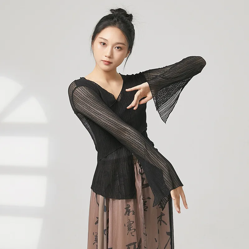 Abbigliamento da danza classica, pratica del corpo, abbigliamento per rima del corpo, elegante camicia a rete, top a maniche lunghe, da donna
