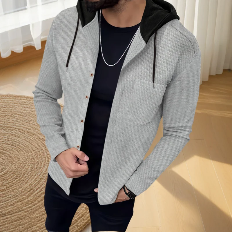 

Spring Autumn New Men Solid Color Minimalist Casual Versatile Single Breasted Hooded Cardigan Outerwear Color Block Pocket Top