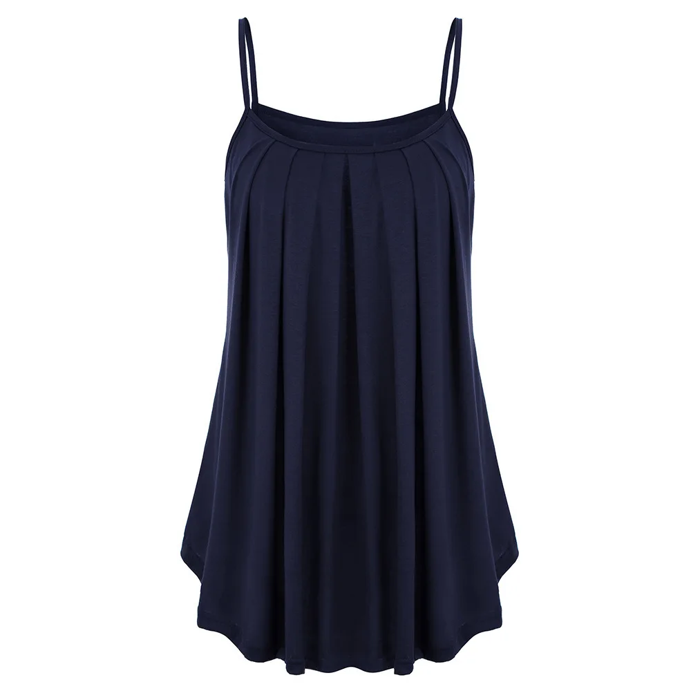 Oversized Tank Tops Ladies Pleated Strappy O-Neck Top Fashion Vest Summer Camisole Women Casual Sleeveless Female shirts