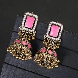 Vintage Pink Square Shape Drop Earrings Bridal Wedding Jewelry Ethnic Gold Plated Tassel Earrings Girls Party Dangle Earrings