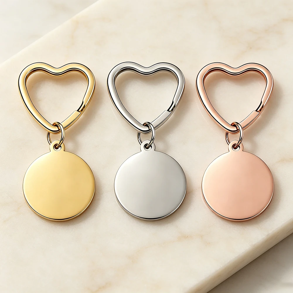 Fnixtar 10pcs 20-30mm Round Disc Pendant Key Chain Heart Shape Ring Keyring DIY Stainless Steel Keychain Jewelry Wholesale
