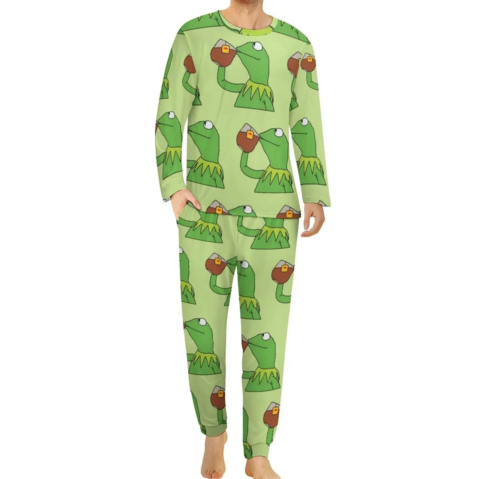 Frog Meme Pajamas Autumn 2 Piece Tea Has Been Served Cool Pajama Sets Man Long Sleeve Home Graphic Home Suit Big Size 4XL 5XL