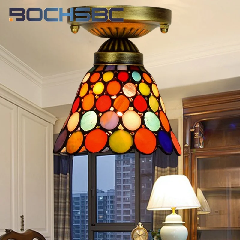 BOCHSBC Tiffany style stained glass 6 inch Retro Glitter disc ceiling light for bedroom hallway hallway balcony LED decor