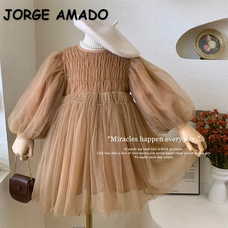 Korean Style New Spring Autumn Kids Girl Dress Long Sleeves Coffee O-neck Mesh Princess Dress Child Clothes E22001