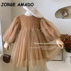 Korean Style New Spring Autumn Kids Girl Dress Long Sleeves Coffee O-neck Mesh Princess Dress Child Clothes E22001