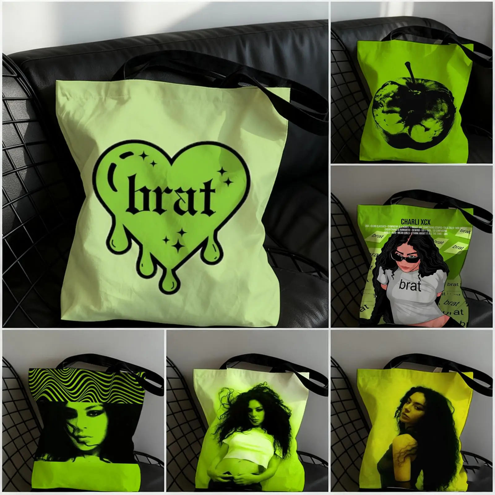 C-Charlis XCX B-BRAT Storage Bags Canvas Double-Sided Print Tote Bag Large Capacity Shoulder Fashion Shopping Handbag