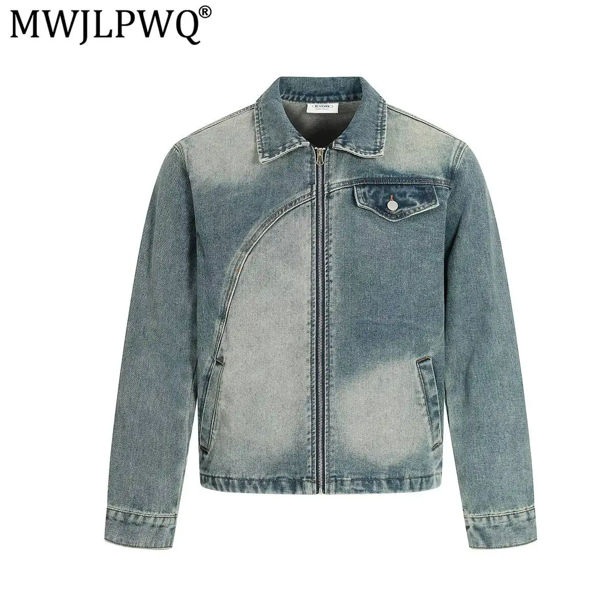MWJLPWQ American Street Style Denim Deconstructed Workwear Jacket For Men Boxy Washed Distressed Lapel New Trendy Tops 20294