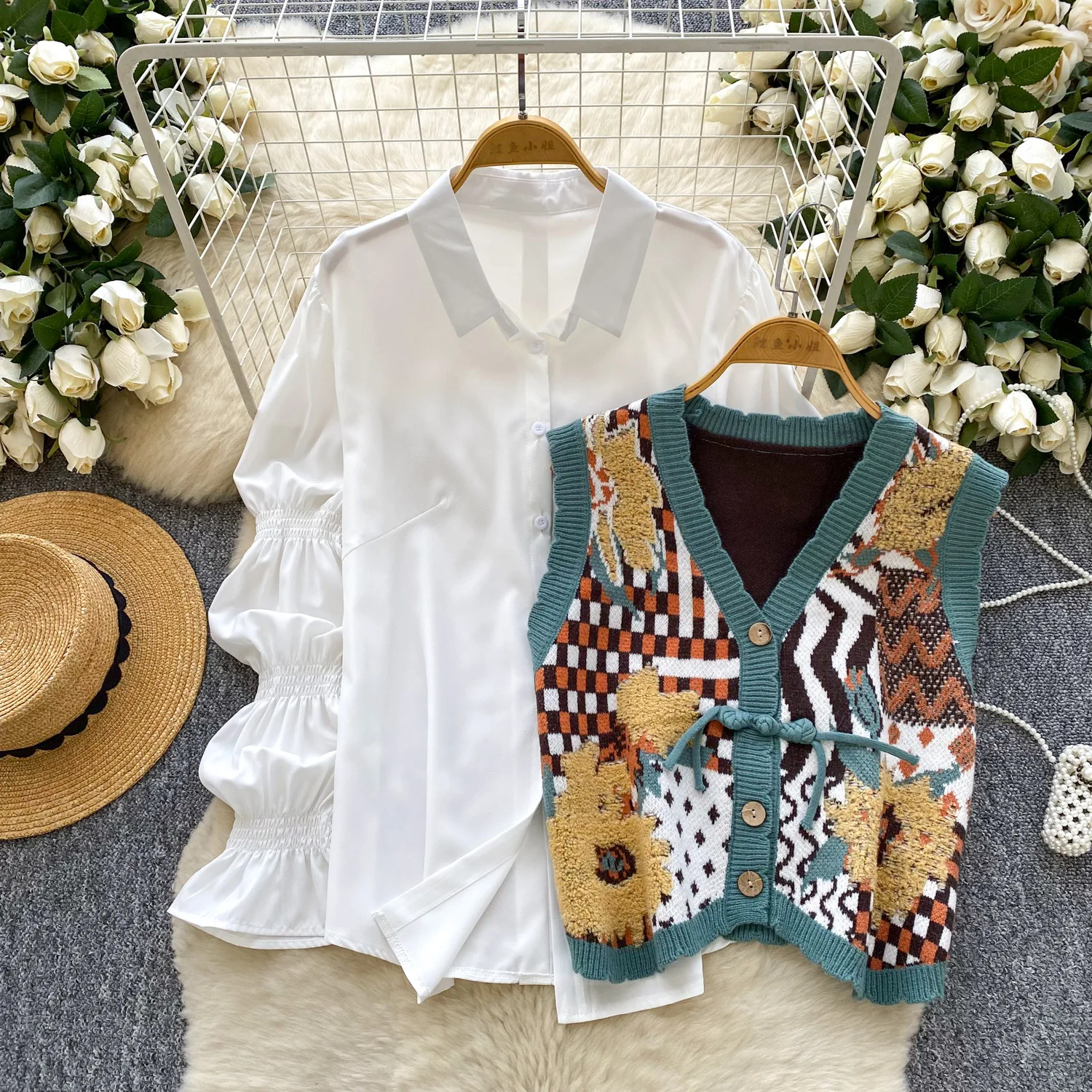 

Two Pieces Women Vest Set Knitted Matching Sets Spliced Sweater Vest Long Sleeve Shirt Loose Elegant Casual 2025 Autumn Winter