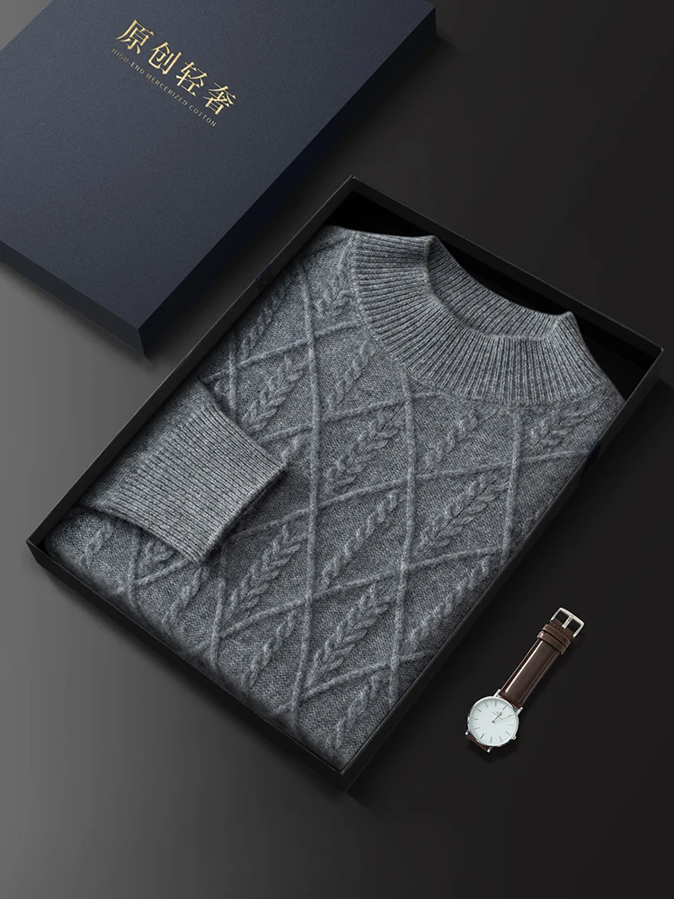 Мужской свитер из 100% кашемира с ромбовидной сеткой, маленький витой цветок, пуловер с воротником-стойкой, осень-зима, плотный элегантный повседневный трикотаж, топы