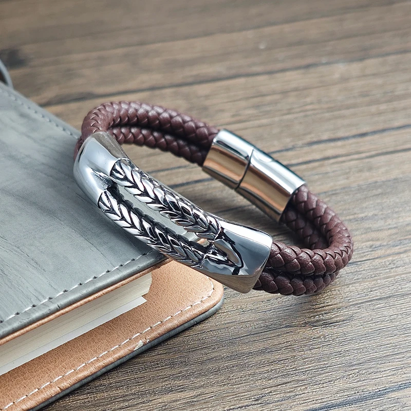 Luxuriöses Retro Doppel-Lederarmband für Herren Kubanische Kornstruktur Ohrförmige Kette Armband Edelstahl Schmuckarmband Geburtstagsgeschenk – Detail 11